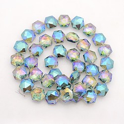 Hexagon Electroplate Full Rainbow Plated Glass Beads Strands, Faceted, Dark Turquoise, 15x14x8mm, Hole: 1mm, about 50pcs/strand, 23.6 inch
