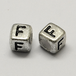 Antique Silver Plated Large Hole Acrylic Letter European Beads, Horizontal Hole, Cube with Letter.F, 6x6x6mm, Hole: 4mm, about 2950pcs/500g