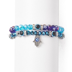 Ensemble de bracelets extensibles en perles de verre et de résine 2pcs 2 styles mauvais œil, alliage hamsa main breloques bracelets empilables pour les femmes, bleu profond du ciel, diamètre intérieur: 2 pouce (5.2 cm), 1pc / style