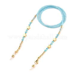 Eyeglasses Chains, Neck Strap for Eyeglasses, with Glass Brass, Brass Beads, 304 Stainless Steel Lobster Claw Clasps and Rubber Loop Ends, Golden, Star, Sky Blue, 28.15 inch(71.5cm)