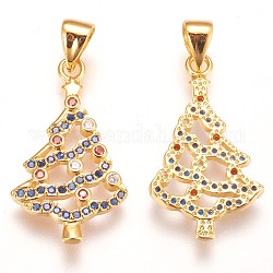 Brass Micro Pave Cubic Zirconia Pendants, Christmas Tree, Colorful, Golden, 23x13x2mm, Hole: 3x5mm