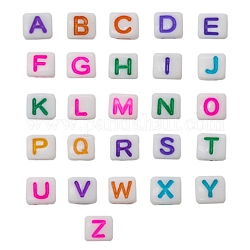 Abalorios acrílicos opacos, blanco, cubo con alfabeto, Letra A ~ Z, colorido, 6x6x6mm