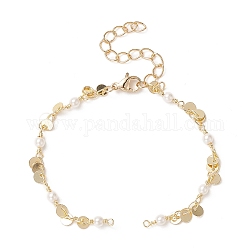 Brass Flat Round Charms Chain Bracelet Making, with Glass Imitation Pearl Bead and Lobster Clasp, for Link Bracelet Making, Golden, 6-1/8 inch(15.5cm)