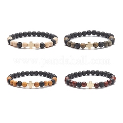 4Pcs 4 Color Natural Wood & Lava Rock & Alloy Corss Beaded Stretch Bracelets Set, Essential Oil Gemstone Jewelry for Women, Mixed Color, Inner Diameter: 2-1/8 inch(5.3cm), 1Pc/color