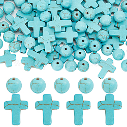 Sunnyclue 160 pièces 2 styles de perles turquoise synthétiques, teinte, croix et ronde, bleu profond du ciel, 8~16x8~12x3.5~8mm, Trou: 1mm, 80 pièces / style