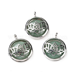 Colgantes de medallón de aventurina verde natural, charms planas redondas, con fornituras de loto de latón platinado, 31.5x27x9mm, agujero: 4.6 mm