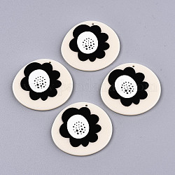 Pendentifs acryliques, 3d imprimé, plat rond avec motif floral, blanc antique, 38x41x2.5mm, Trou: 1.5mm