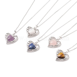Heart Natural Mixed Stone Pendant Necklaces, 304 Stainless Steel Necklaces for Women, 17.72 inch(45cm), 1.5mm