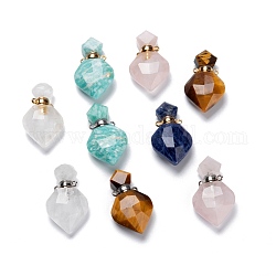 Natural Mixed Gemstone Perfume Bottle Pendants, with Brass Findings, Faceted, Rhombus, 27mm, Hole: 1.4mm