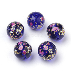 Perles en verre imprimées, ronde avec motif de fleurs, bleu minuit, 11~12x11mm, Trou: 1.5mm
