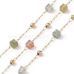 Chaînes de perles carrées en quartz rose naturel, avec les accessoires en acier inoxydable d'or 304, non soudée, 2~3x2~2.5x2~2.5mm