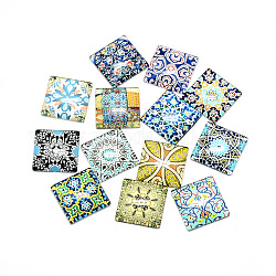 Печатные стеклянные плоские задние кабошоны, квадратный, геометрическая цветочная тема, разноцветные, 25x25x6.5 мм