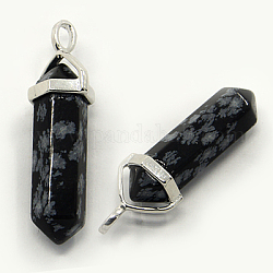 Natural Snowflake Obsidian Pointed Pendants, with Brass Findings, Bullet, Platinum, 35~45x13mm, Hole: 3x5mm