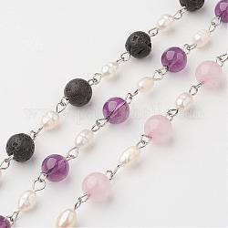 Chaînes faites à la main pour bracelets colliers faire, avec la pierre gemme, qualifiez une perle d'eau douce naturelle et 304 épingle à oeil en acier inoxydable, non soudée, 39.37 pouce (1 m)