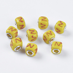 Handmade Lampwork European Beads, Large Hole Beads, with Silver Plated Brass Core, Cube, with Letter N, Cube, Yellow, about 11mm wide, 12mm long, hole: 5mm