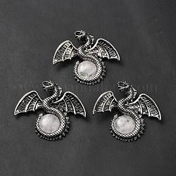 Natural Quartz Crystal Big Pendants, Rock Crystal, Dragon Charms, with Rack Plating Antique Silver Tone Alloy Findings, Cadmium Free & Lead Free, 49x56x12mm, Hole: 6~6.5mm