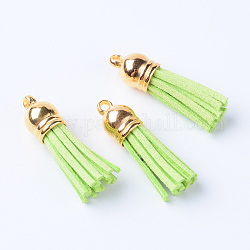 Décorations de pendentif pompon en daim, avec embouts de cordon en plastique ccb, jaune vert, 35~37x10mm, Trou: 2.5~3mm