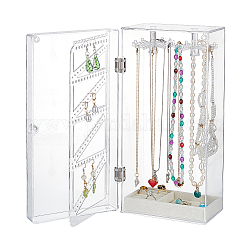 Rectangle Plastic Jewelry Organizer Storage Box with 24 Hooks, 72-Slot Rotatable Hanging Necklace Holder, with Dust-proof Velvet Jewelry Tray, for Earrings Rings Necklaces, Clear, 15.5x8x32cm