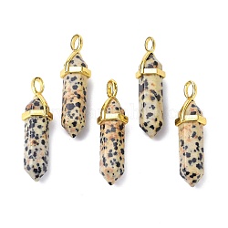 Pendentifs pointus en jaspe dalmatien naturel, avec pendentif en laiton aléatoire bails à capuchon hexagonal, or, balle, 38.5~40x12~12.5x10~11mm, Trou: 3x4.5mm