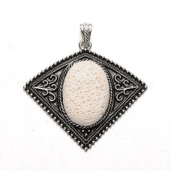 Antique Silver Tone Rhombus Alloy Synthetic Lava Rock Pendants, Dyed, White, 53x57x9mm, Hole: 6x4mm
