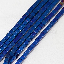 Chapelets de perles en hématite synthétique sans magnétiques, mat, cube, Grade a, bleu plaqué, 2x2x2mm, Trou: 1mm, Environ 200 pcs/chapelet, 16 pouce
