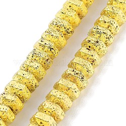 Fili di perle di roccia lavica naturale elettrodeposta, esagono, oro placcato, 8x7x4~4.5mm, Foro: 1.4 mm, circa 89pcs/filo, 15.35'' (39 cm)