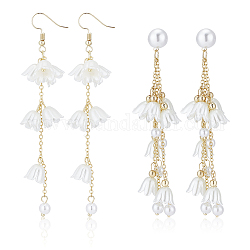 ANATTASOUL 2 Pairs 2 Style Plastic Lily of the Valley Dangle Stud Earrings, Alloy Chain Tassel Long Drop Earrings for Women, Light Gold, 96~102mm, Pin: 0.6~0.7mm, 1 Pair/style
