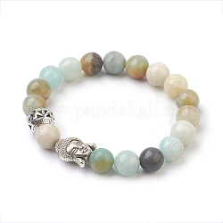 Natural Flower Amazonite Beads Stretch Bracelets, with Alloy Findings, Round and Buddha Head, Burlap Packing, Antique Silver, 2-1/4 inch(5.6cm), Bag: 12x8.5x3cm