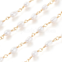 Cadenas de perlas de agua dulce de 3.28 pie, con fornituras de latón, sin soldar, Plateado de larga duración, dorado, perla: 6~9x5~7 mm