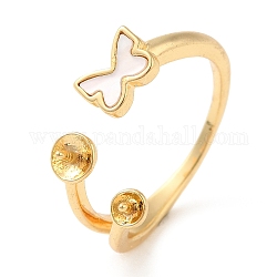 Componente de anillo de puño abierto de mariposa de latón con concha, configuración del anillo, para los abalorios de medio-perforado, real 18k chapado en oro, nosotros tamaño 7 1/4 (17.5 mm), pin: 0.8 mm, mariposa: 5.5x7.5 mm