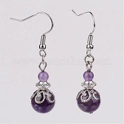 Natural Amethyst Bead Dangle Earrings, with Brass Earring Hooks, Alloy and Iron Findings, Platinum, 42mm