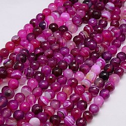 Natural Striped Agate/Banded Agate Beads Strands, Faceted, Dyed, Round, Medium Violet Red, 8mm, Hole: 1mm