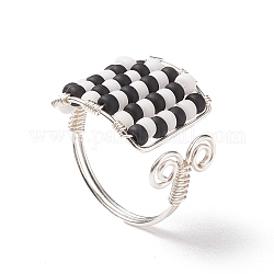 Плетеное квадратное кольцо-манжета со стеклянными семенами, украшения из медной проволоки для женщин, черно-белые, размер США 8 (18.1 мм)