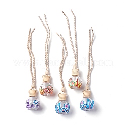 Empty Glass Perfume Bottle Pendants, Aromatherapy Fragrance Essential Oil Diffuser Bottle, Car Hanging Decor, with Wood Cap, Polymer Clay Flower Ornament, Round, Mixed Color, 240mm, Capacity: 15ml(0.51fl. oz)