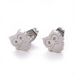 304 Stainless Steel Stud Earrings, Hypoallergenic Earrings, with Ear Nuts/Earring Back, Owl, Stainless Steel Color, 8.5x7.8mm, Pin: 0.8mm, 12pairs/card