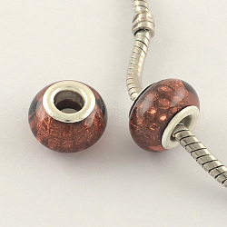 Large Hole Acrylic European Beads, with Silver Color Plated Brass Double Cores, Rondelle, Sienna, 14x9mm, Hole: 5mm