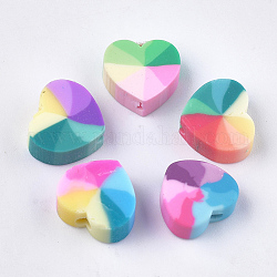 Perles en pâte polymère manuel, cœur, couleur mixte, 9~10x10~11x4~5mm, Trou: 1.2~2mm