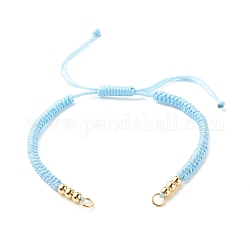 Регулируемый плетеный браслет из полиэфирного шнура, с 304 кольцами из нержавеющей стали, круглых бусин латунные, голубой, 7-1/8 дюйм (18 см)