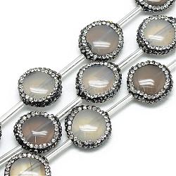 Natural Grey Agate Rhinestone Beads, Flat Round, Dark Gray, 17~18x6mm, Hole: 1mm