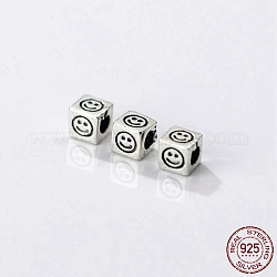 925 perline distanziatrici in argento sterling tailandese placcato rodio, sorridente perline viso, colore argento antico, cubo, 3.8x3.8x3.8mm, Foro: 2.1 mm