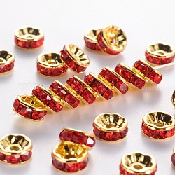 Perles séparateurs en laiton avec strass, Grade a, bride droite, métal couleur or, rondelle, light siam, 8x3.8mm, Trou: 1.5mm