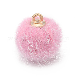 Handmade Faux Mink Fur Covered Pendants, with Golden Tone Alloy Findings, Round, Pearl Pink, 16.5~17x14~14.5mm, Hole: 1.6mm