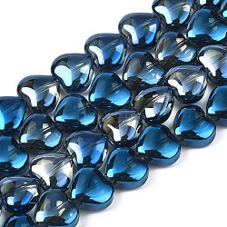 Galvanisieren Glasperlen, halb plattiert, Herz, in Blau Plattiert, 9~10x10x5.5 mm, Bohrung: 0.8 mm, ca. 70~71 Stk. / Strang, 25.20 Zoll ~ 26.38 Zoll (64~67 cm)