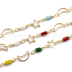 Golden Brass Link Chain, with Glass, Long-Lasting Plated, with Spool, Soldered, Star & Moon, Colorful, Moon: 10x6x1mm, Star: 8x8x0.7mm, Glass Link: 13.5x3x3mm, 32.8 Feet(10m)/roll