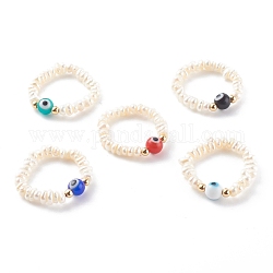 Natural Cultured Freshwater Pearl Beaded Stretch Rings, with Handmade Evil Eye Lampwork Round Beads and Real 18K Gold Plated Brass Beads, Mixed Color, Inner Diameter: 19mm
