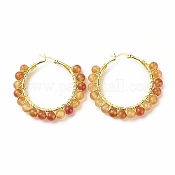 Natural Agate+Crystal Beaded Hoop Earrings for Women, Real 18K Gold Plated Wire Wrap Big Circle Hoop Earrings, 47~49x51~52x6~6.6mm, Pin: 1.4x0.4mm