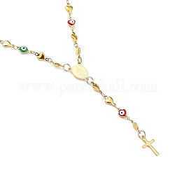 Unisexe 304 colliers de perles chapelet en acier inoxydable, avec émail coeur, croix, ovale avec la Vierge Marie, or, 19.13 pouce (48.6 cm), coeur: 9.5x5x1.5mm et 10x5x3mm