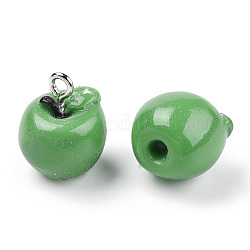 Charms de resina de manzana, con balas de clavija de clavija de tornillo de hierro de tono platino, verde lima, 15x12mm, agujero: 2 mm