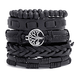 5 pièces 5 styles de bracelets en cuir PU, maillons en alliage arbre de vie et bracelets empilables en perles de bois, noir, diamètre intérieur: 2-1/2 pouce (6.5 cm), 1pc / style
