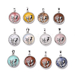 Natural & Synthetic Gemstone Pendants, with Platinum Tone Brass Findings, Lead Free & Cadmium Free, Mixed Dyed and Undyed, Flat Round with Fox, 27x23x9mm, Hole: 8x5mm